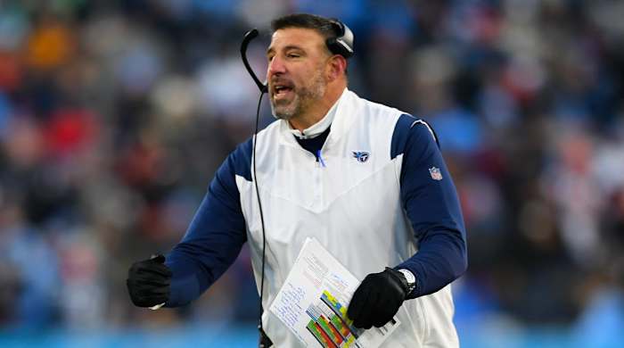 Tennessee Titans head coach Mike Vrabel speaks during the first half of an NFL divisional round playoff football game against the Cincinnati Bengals, Saturday, Jan. 22, 2022, in Nashville, Tenn.